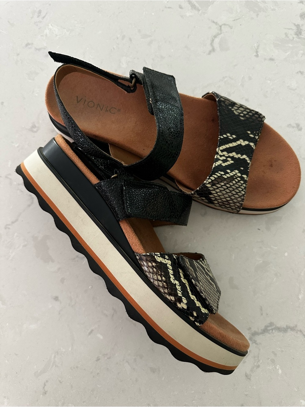 Vionic Black and Beige Snake-Print Platform Sandals - Picture 2 of 6